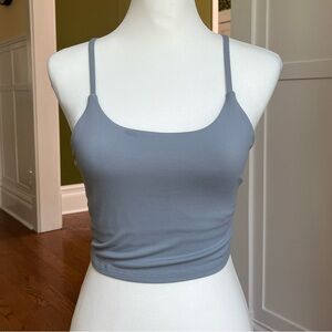 blue athletic tank top with built in bra